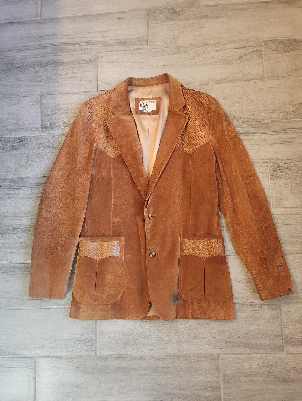 Vintage 70s Silton Blazer Men's 42Long Cognac Brown Suede Snake Embossed Western